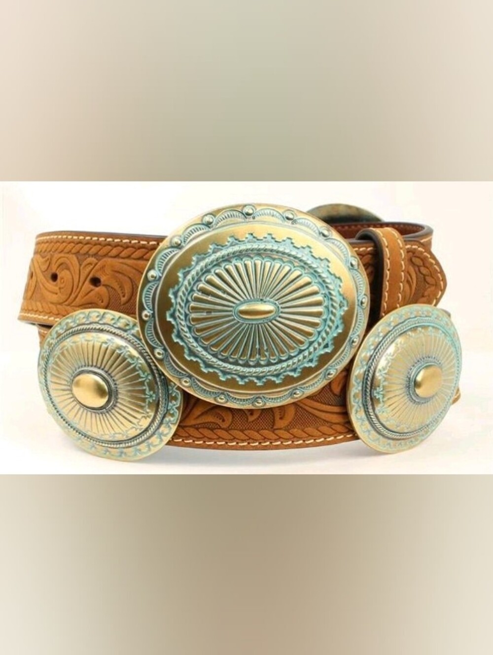 Women's Ariat Brown Leather Belt with Turquoise-Patina Concho Accents XL
